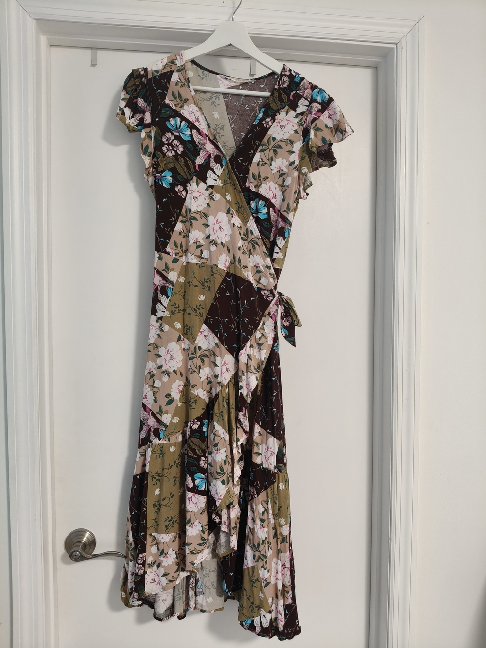 Floral Patchwork Wrap Dress in Brown and Olive